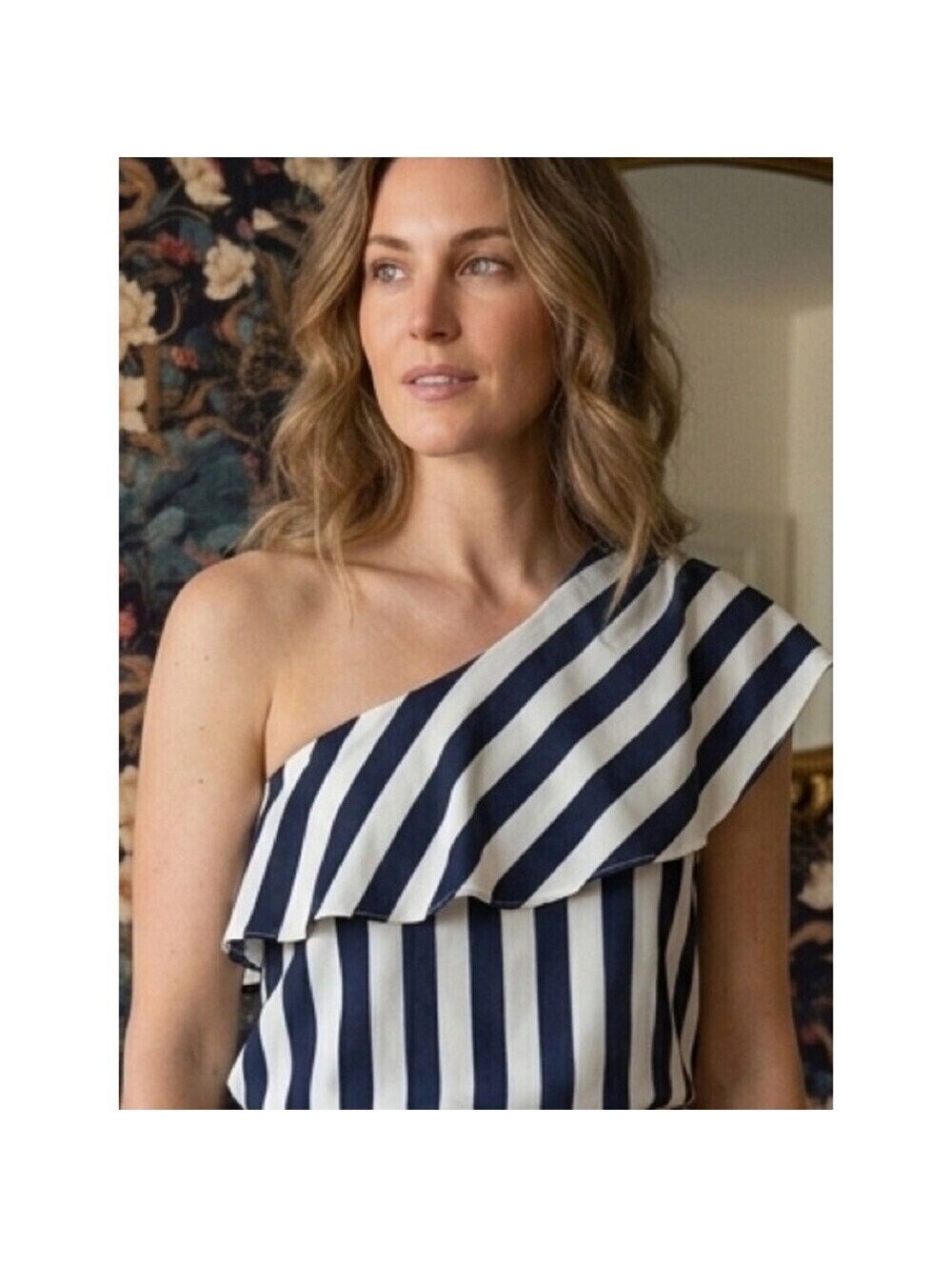 Striped One-Shoulder Navy and White top